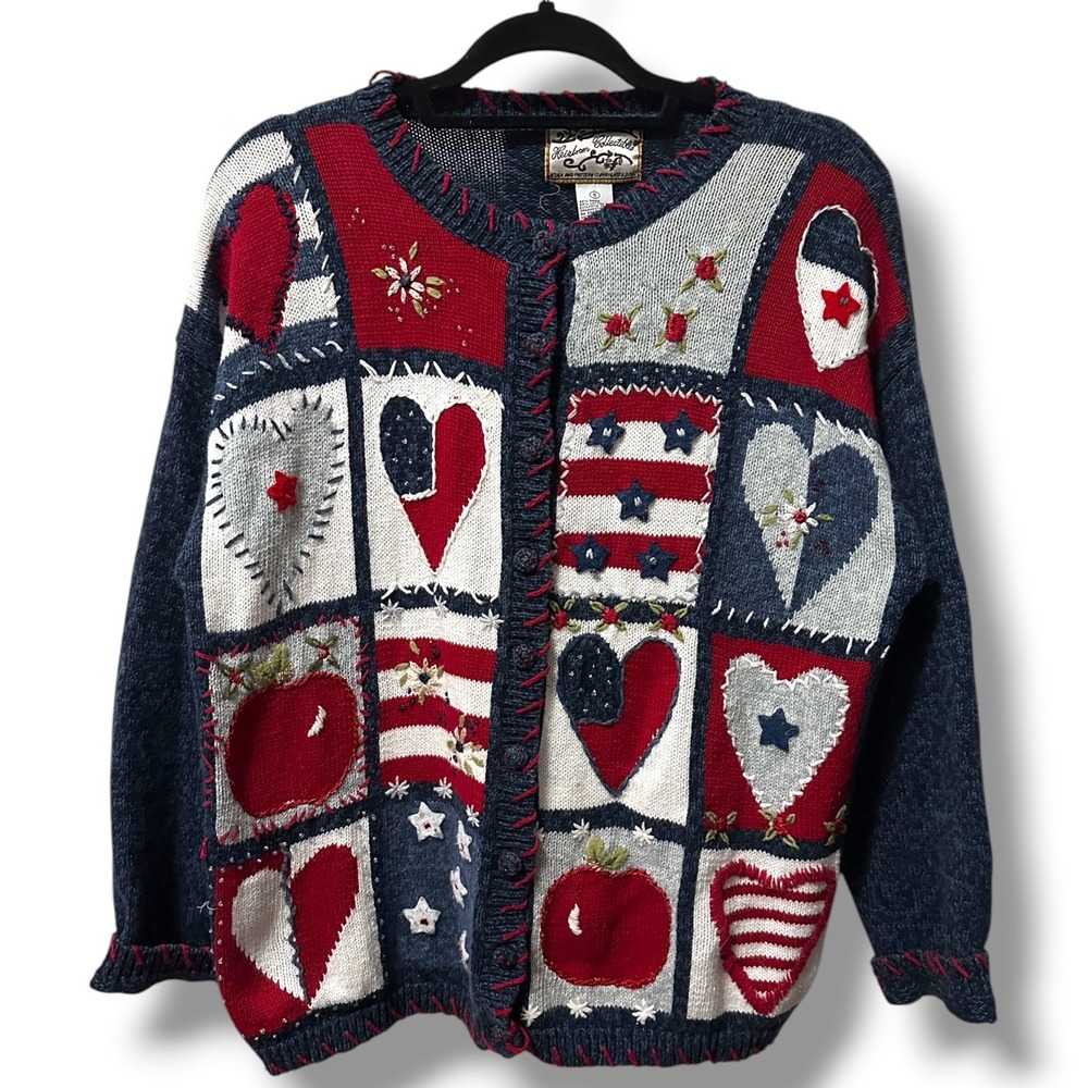 Vintage Heirloom Collectibles Americana Patchwork Knit Cardigan Sweater S Granny
